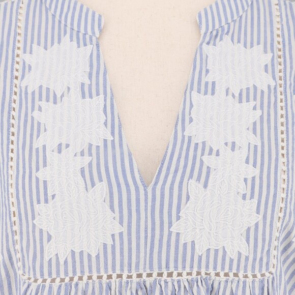 MAISON 123 PARIS Blue Striped V-Neck White Embroidery Flowy Blouse Size L - Picture 6 of 8